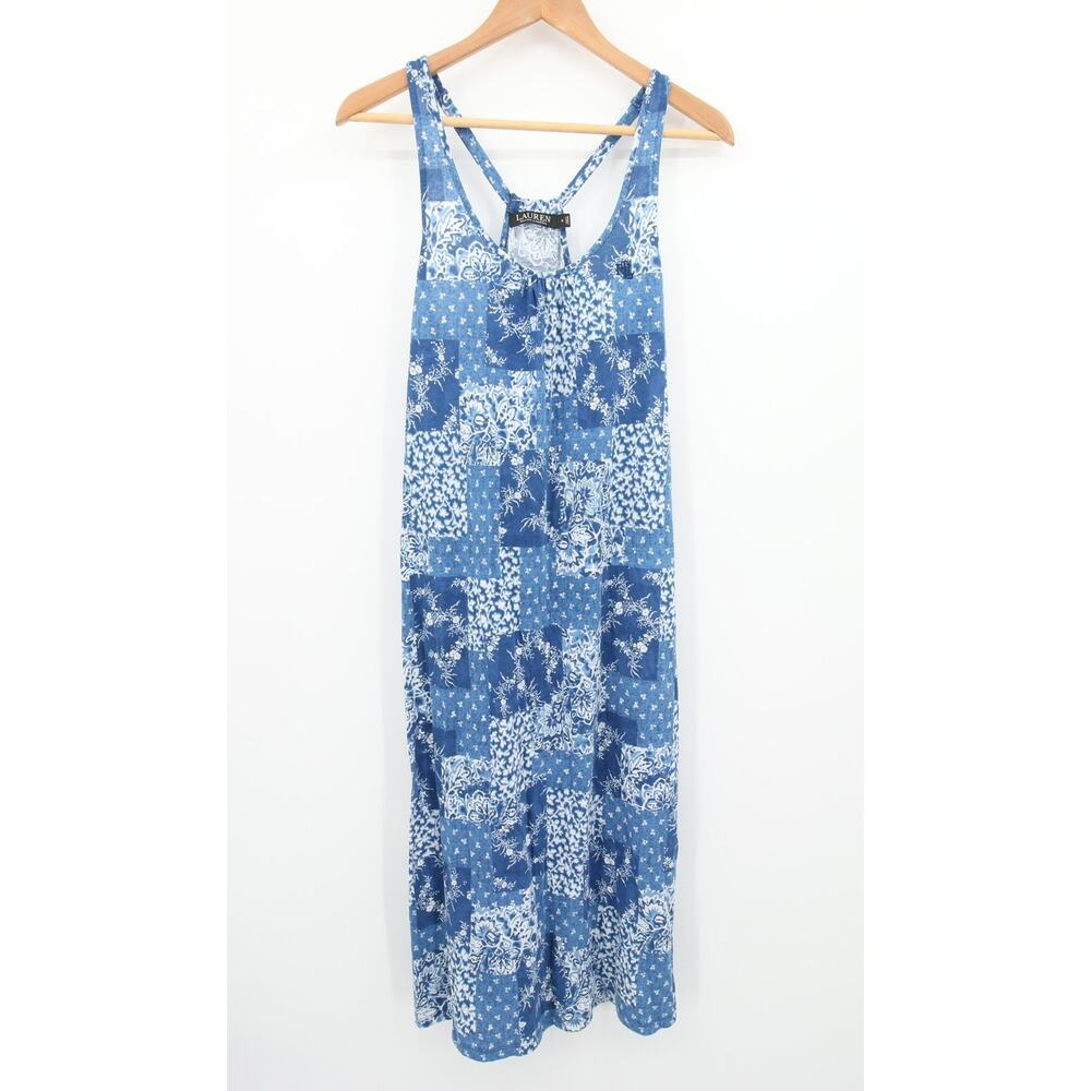 Lauren Ralph Lauren Black Label Dress Blue White Pattern Racerback Scoop Neck S